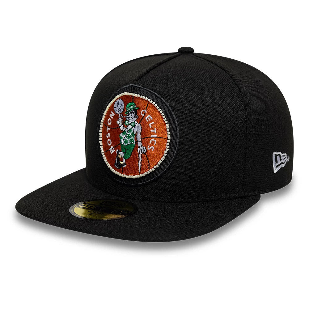 Boston Celtics NBA Bead Black New Era 59FIFTY A-Frame Fitted Cap, three-quarter view showing a large, colourful embroidered Boston Celtics logo on the front panel, a gold 59FIFTY size sticker on the flat black visor.