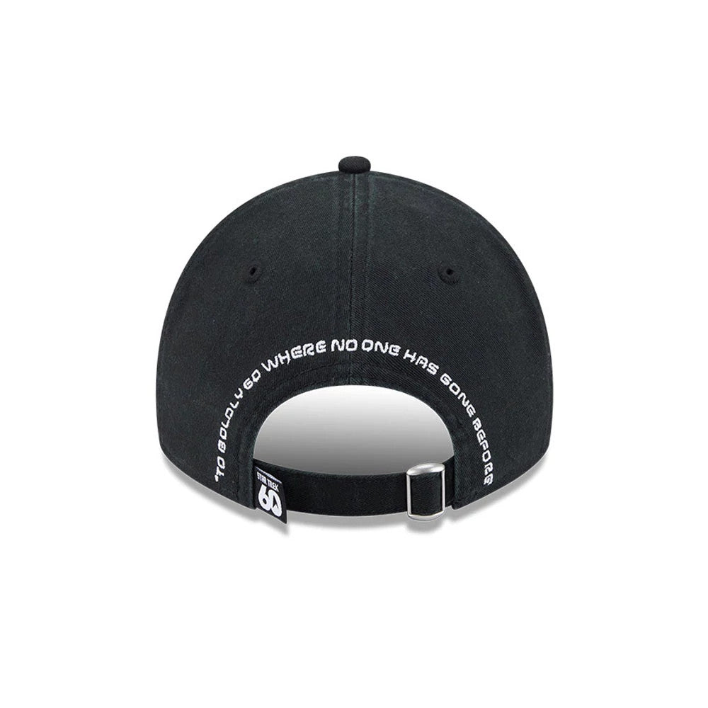 Star Trek The Final Frontier Black New Era 9TWENTY Adjustable Cap, rear view showing the white embroidered phrase TO BOLDLY GO WHERE NO ONE HAS GONE BEFORE along the arch, with a Star Trek 60 logo on the adjustable strap.
