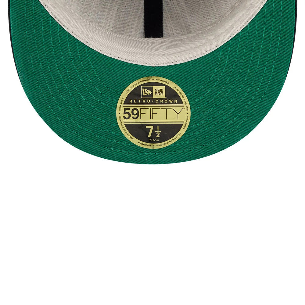 Chicago White Sox Fear Of God X MLB Black Retro Crown New Era 59FIFTY Fitted Cap, inside view showing the grey sweatband, green undervisor, and a gold 59FIFTY size sticker indicating a size of 7 1/2 inches.