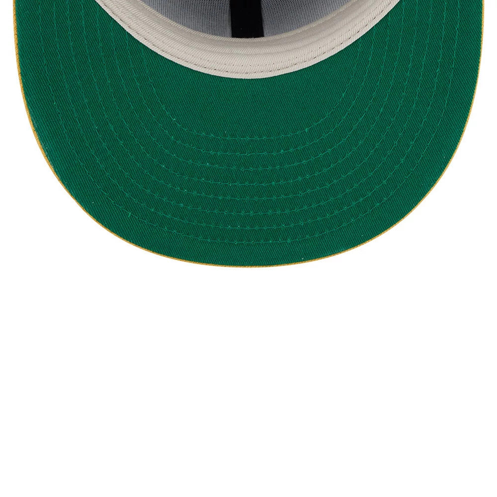 Pictured is this Fear Of God X MLB Logo 59FIFTY Fitted cap in dark green & yellow. 2