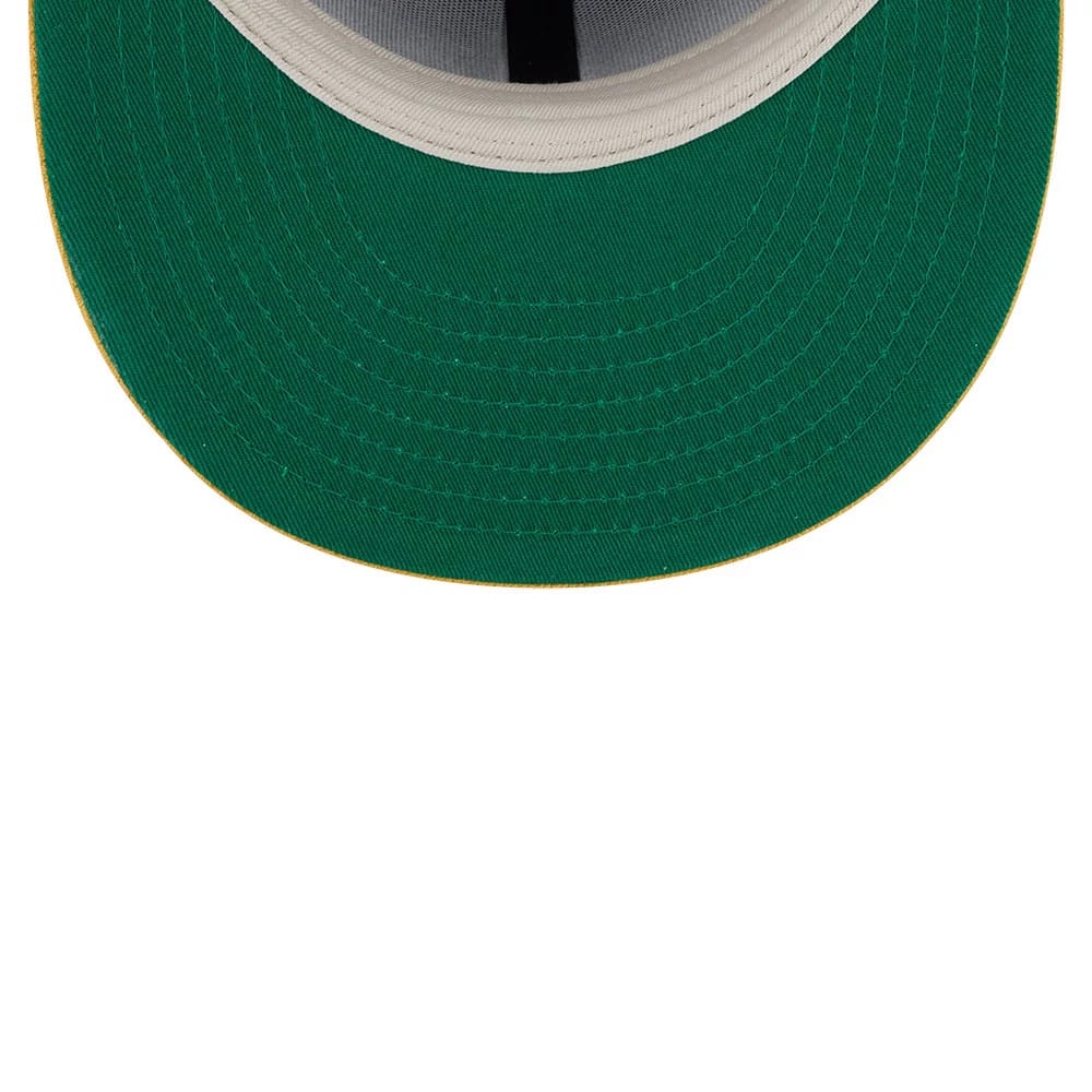 Pictured is this Fear Of God X MLB Logo 59FIFTY Fitted cap in dark green & yellow. 2