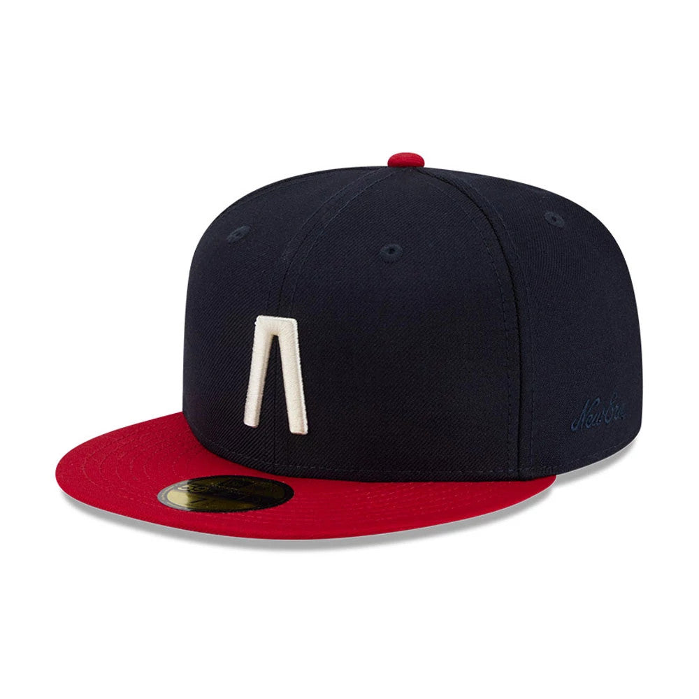 Pictured is this Fear Of God X MLB Logo 59FIFTY Fitted cap in navy & red. 1