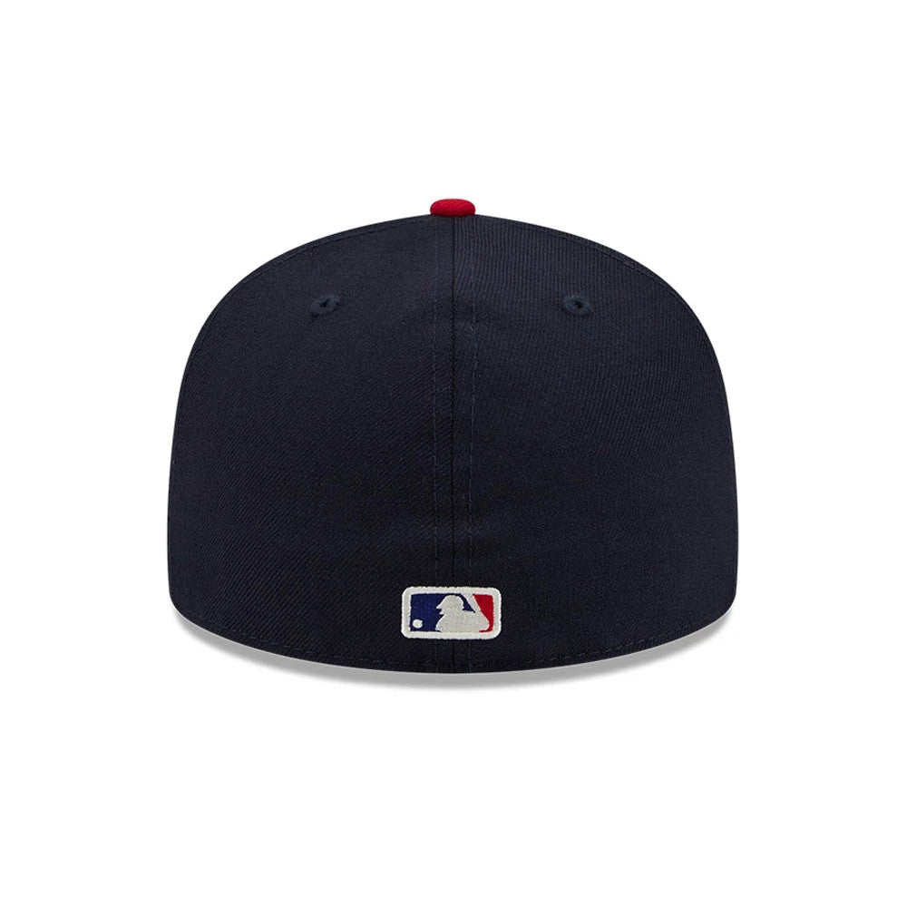 Pictured is this Fear Of God X MLB Logo 59FIFTY Fitted cap in navy & red. 7