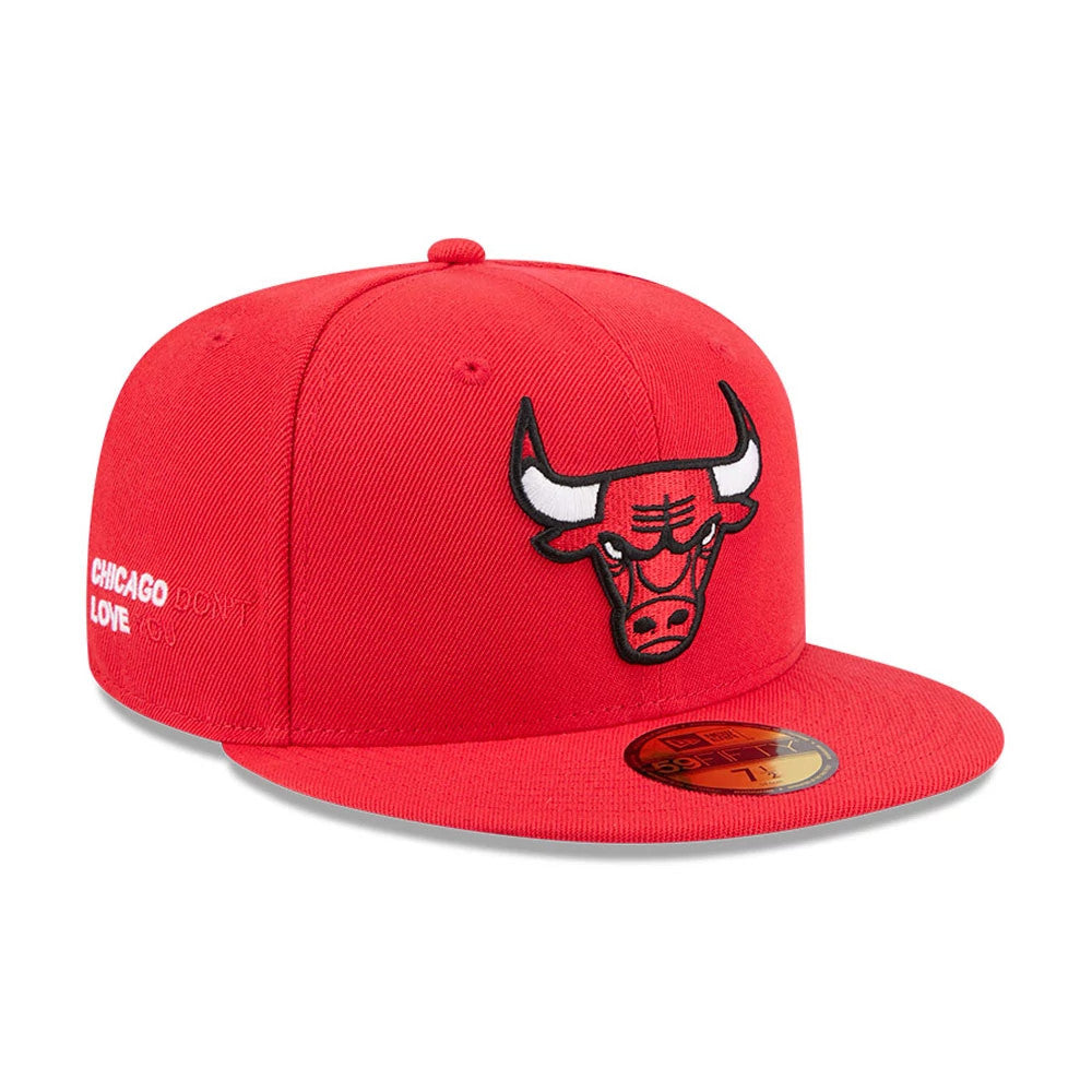 Chicago Bulls NBA X J-FROST Red New Era 59FIFTY Fitted Cap, three-quarter view showing the black and white embroidered bull logo on the front panel, flat red visor, and the gold 59FIFTY size sticker on the visor.