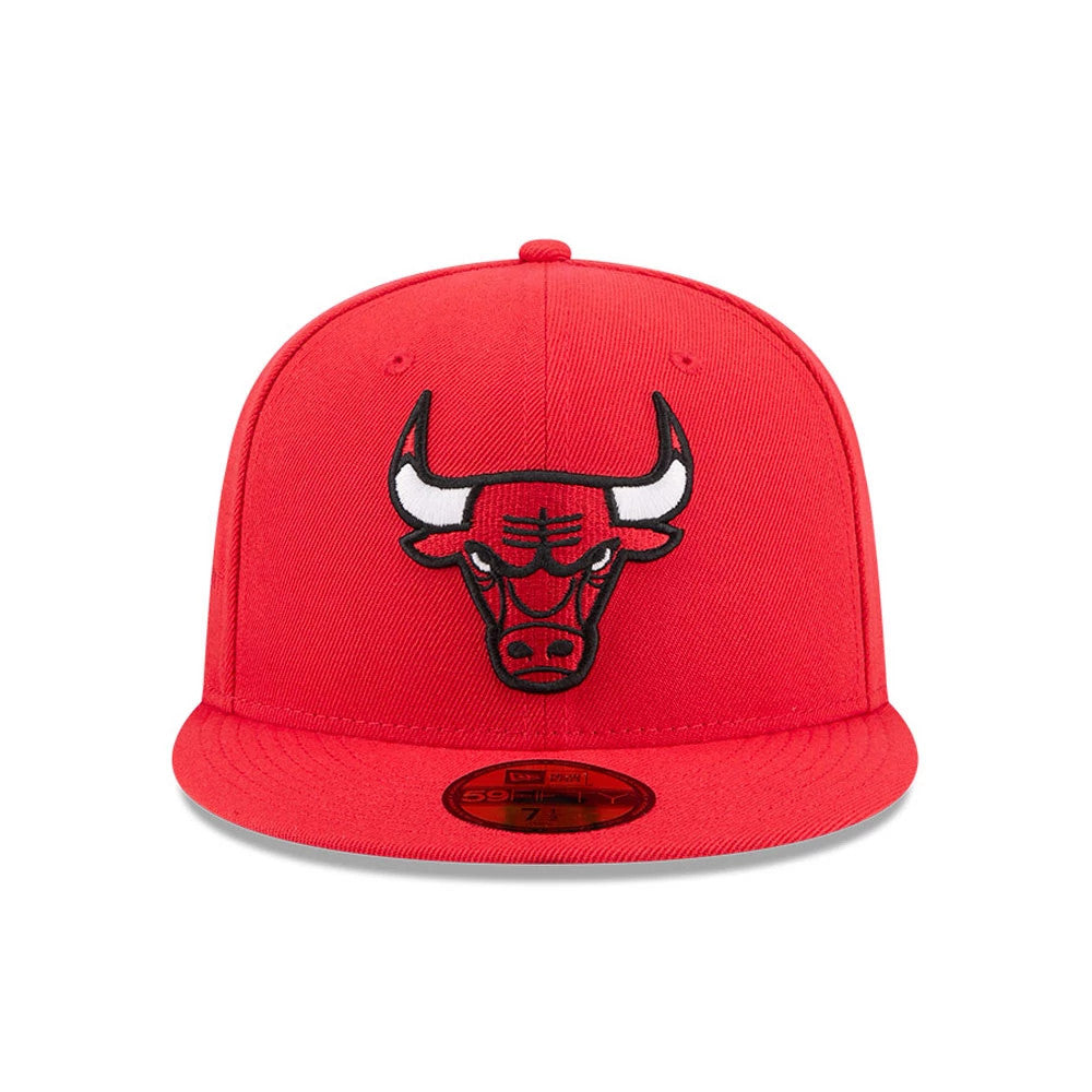 Chicago Bulls NBA X J-FROST Red New Era 59FIFTY Fitted Cap, front view showing the raised black and white embroidered Bulls logo on the red crown, with a red flat visor and a gold 59FIFTY size sticker on the visor.