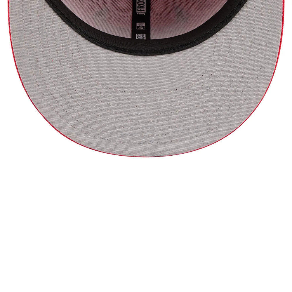 Chicago Bulls NBA X J-FROST Red New Era 59FIFTY Fitted Cap, inside view showing a grey undervisor with red stitching along the edge, a black sweatband encircling the interior, and branded taping running inside the crown.
