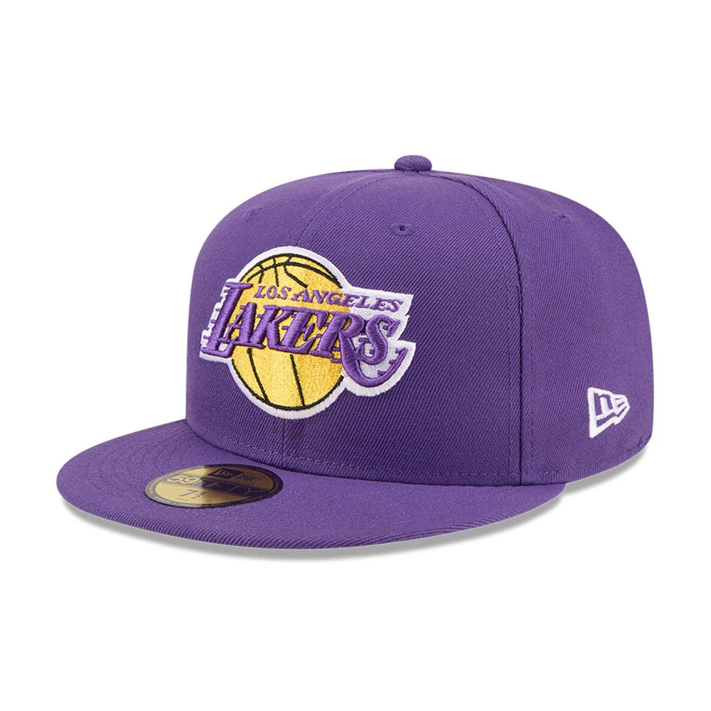 LA Lakers NBA X J-FROST Purple New Era 59FIFTY Fitted Cap, front view showing the raised embroidered Lakers logo with a yellow basketball on the structured purple crown, a flat purple visor and a gold 59FIFTY size sticker.