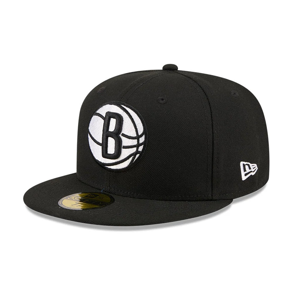 Brooklyn Nets NBA X J-FROST Black New Era 59FIFTY Fitted Cap, three-quarter view showing the prominent black and white basketball logo with a B on the front panel, a flat black visor with a gold 59FIFTY size sticker.