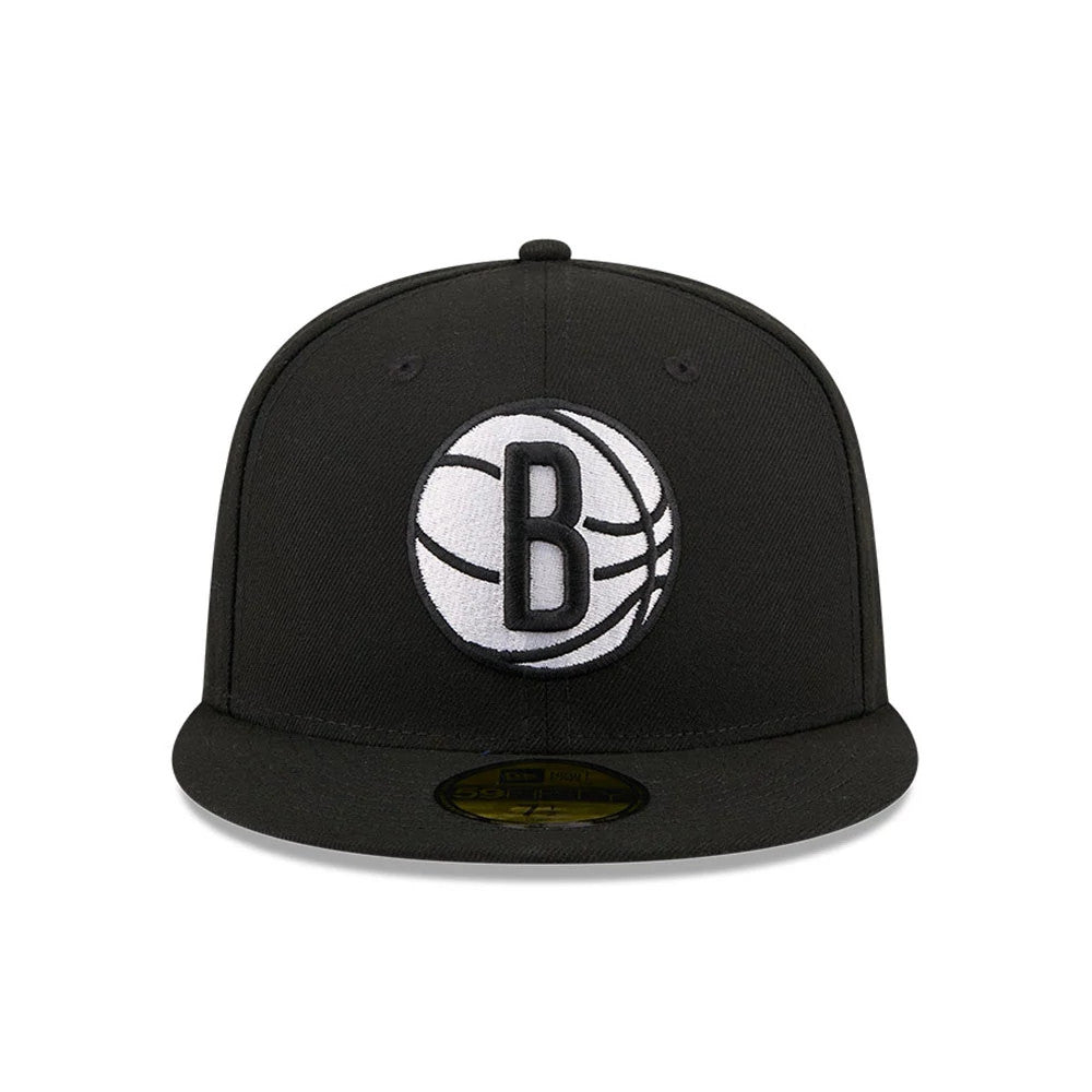 Brooklyn Nets NBA X J-FROST Black New Era 59FIFTY Fitted Cap, front view showing the raised embroidered white and black B-ball graphic on the front panel, a flat black visor and the gold 59FIFTY size sticker prominently displayed.