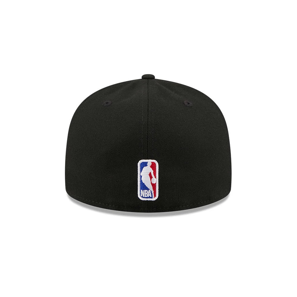 Brooklyn Nets NBA X J-FROST Black New Era 59FIFTY Fitted Cap, rear view showing the embroidered NBA logo at the centre back of the black structured crown, with eyelets and a matching black top button.