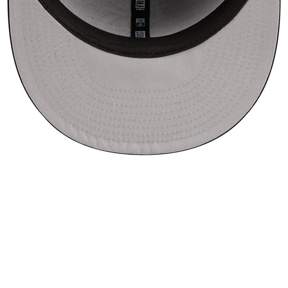 Brooklyn Nets NBA X J-FROST Black New Era 59FIFTY Fitted Cap, inside view showing the grey undervisor, black sweatband with the New Era flag logo, and branded taping along the interior seams.