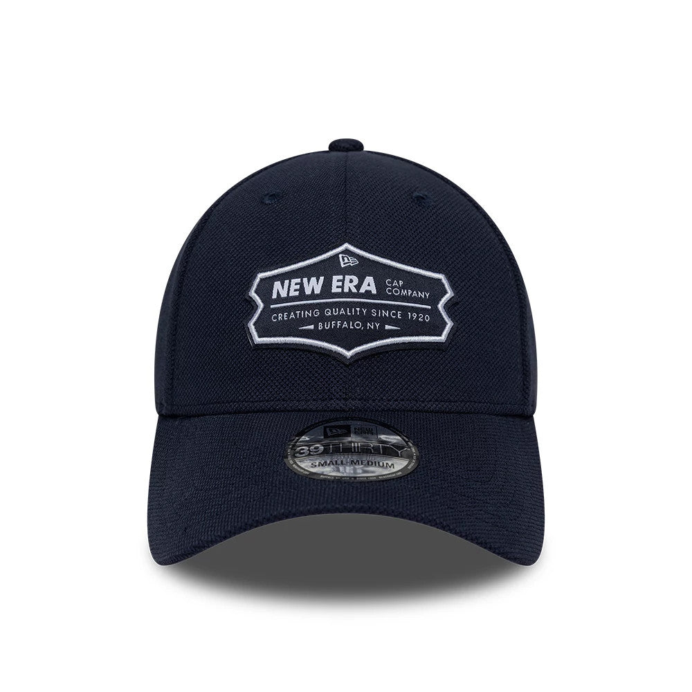 New Era Jersey Navy 39THIRTY Stretch Fit Cap, front view showing a raised white embroidered New Era Cap Company badge on the front panel, with a curved navy visor and a 39THIRTY size sticker.