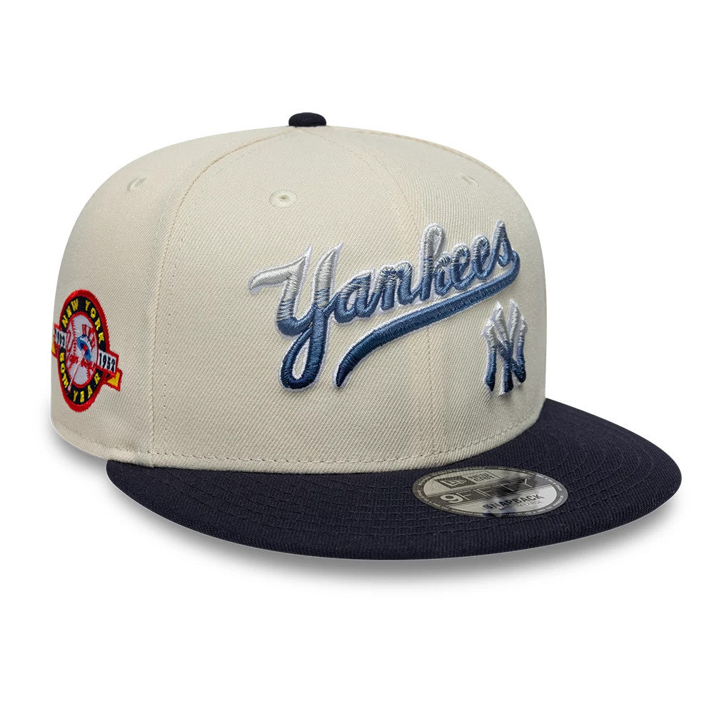 Pictured is this MLB Ombre Script New York Yankees 9FIFTY Snapback cap in light beige & navy. 1