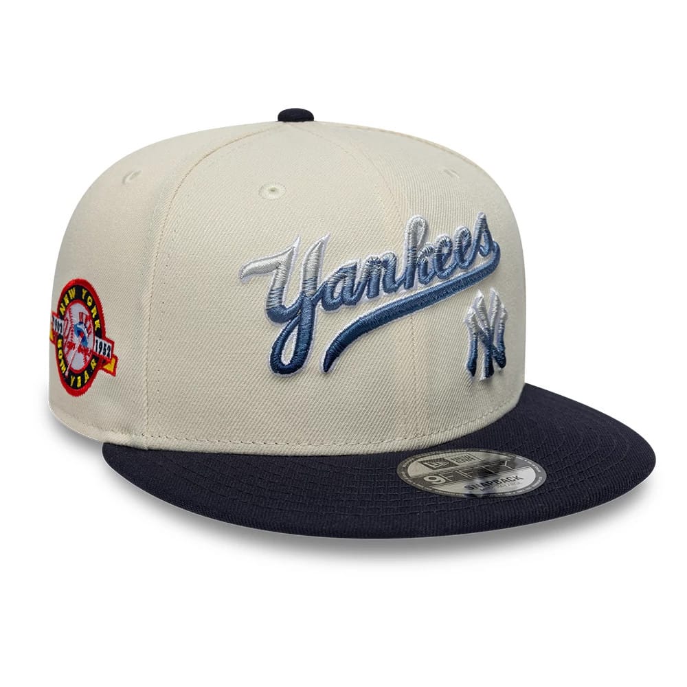Pictured is this MLB Ombre Script New York Yankees 9FIFTY Snapback cap in light beige & navy. 1