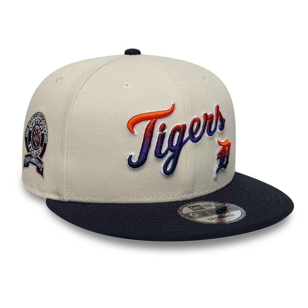 Pictured is this MLB Ombre Script Detroit Tigers 9FIFTY Snapback cap in light beige & navy. 1
