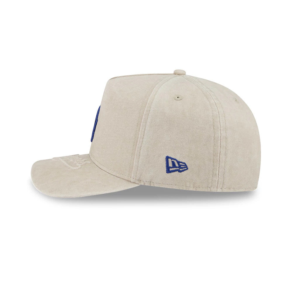 LA Dodgers MLB Light Beige New Era 9FIFTY A-Frame Snapback Adjustable Cap, side view showing the blue embroidered New Era flag logo on the light beige crown, with the structured visor extending forward.