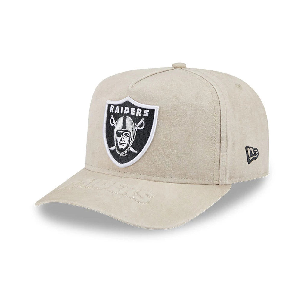 Pictured is this NFL Las Vegas Raiders 9FIFTY A-Frame Snapback cap in light beige. 1