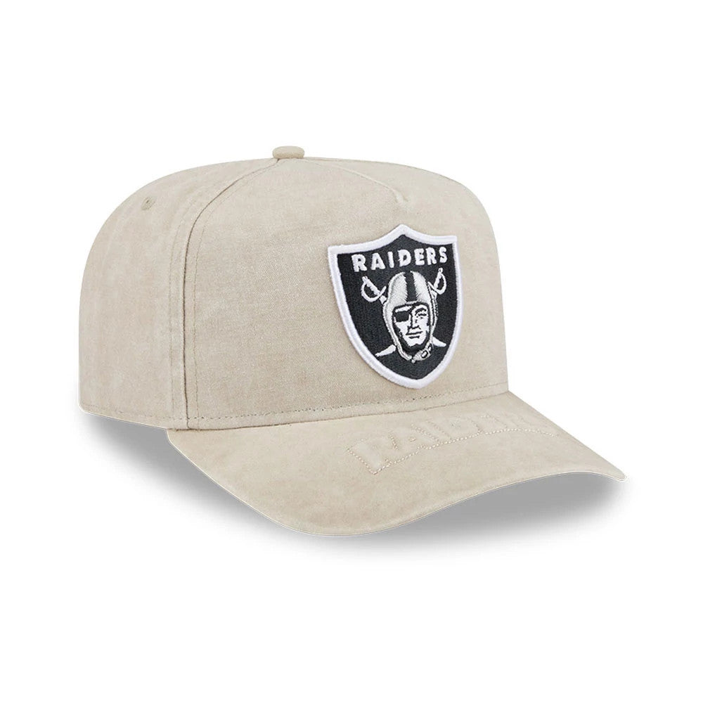 Las Vegas Raiders NFL Light Beige New Era 9FIFTY A-Frame Snapback Adjustable Cap, three-quarter view showing the raised black and white Raiders logo embroidered on the front panel, a curved light beige visor, and embroidered team name on the visor.