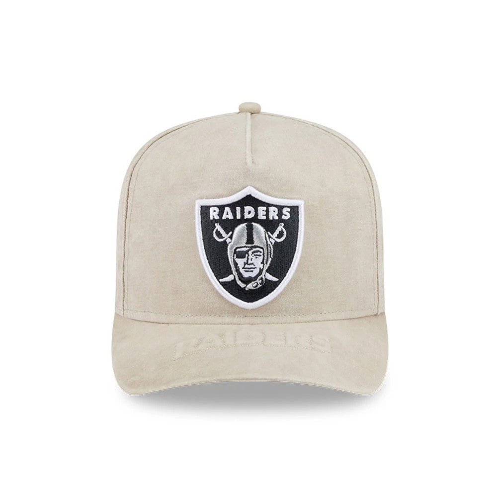 Las Vegas Raiders NFL Light Beige New Era 9FIFTY A-Frame Snapback Adjustable Cap, front view showing the large black and white embroidered team logo on the structured light beige crown, with a matching visor and embroidered team name.