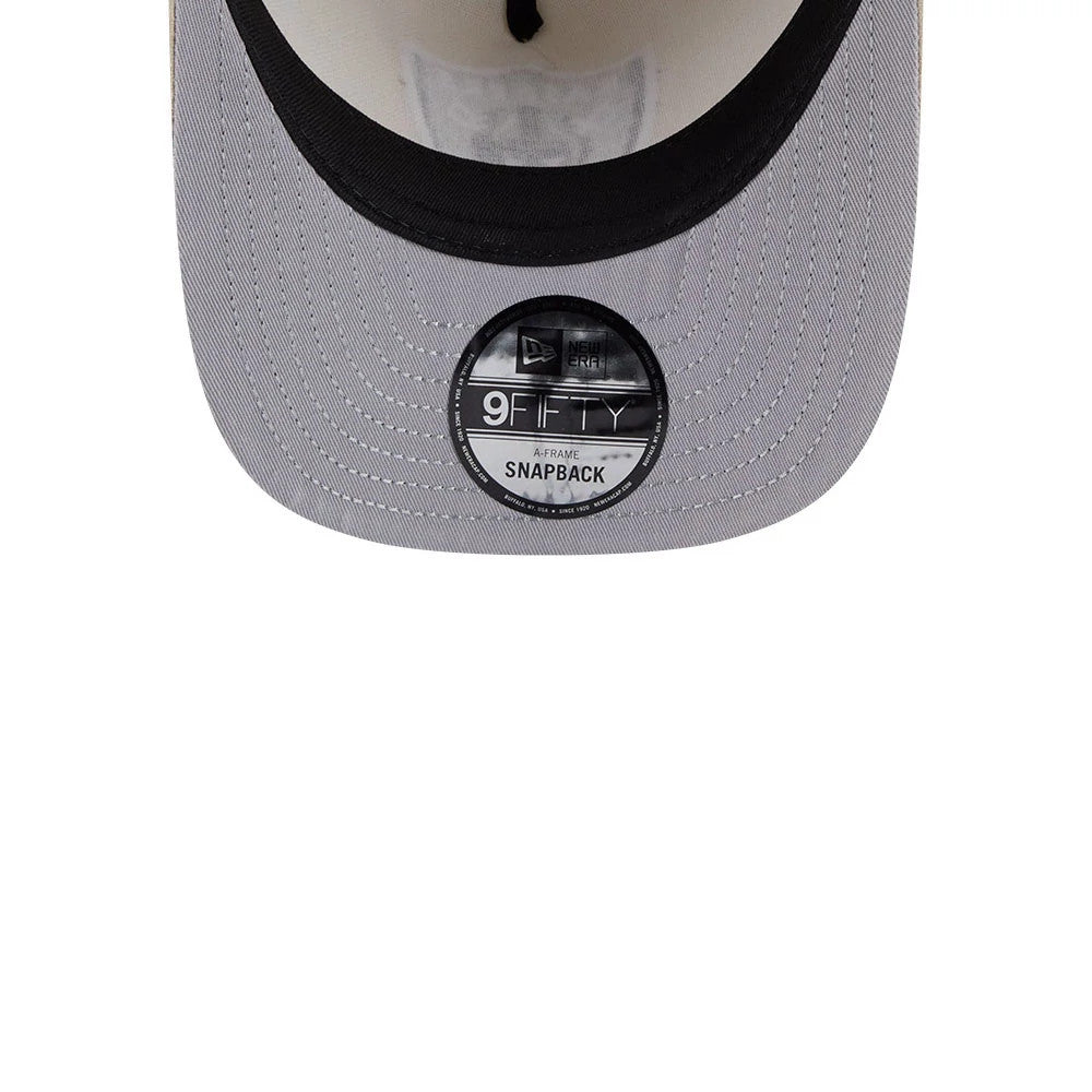 Las Vegas Raiders NFL Light Beige New Era 9FIFTY A-Frame Snapback Adjustable Cap, inside view showing grey undervisor, black sweatband, and 9FIFTY size sticker placed centrally, with stitching on the underside of visor.
