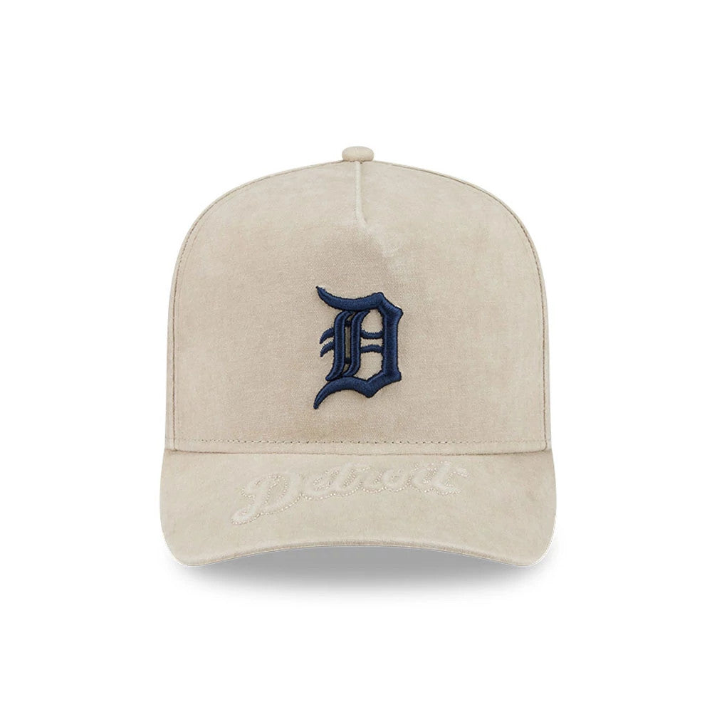 Detroit Tigers MLB Light Beige New Era 9FIFTY A-Frame Snapback Adjustable Cap, front view showing a raised navy embroidered D logo on the structured beige crown, with light beige Detroit script embroidery on the matching flat visor.