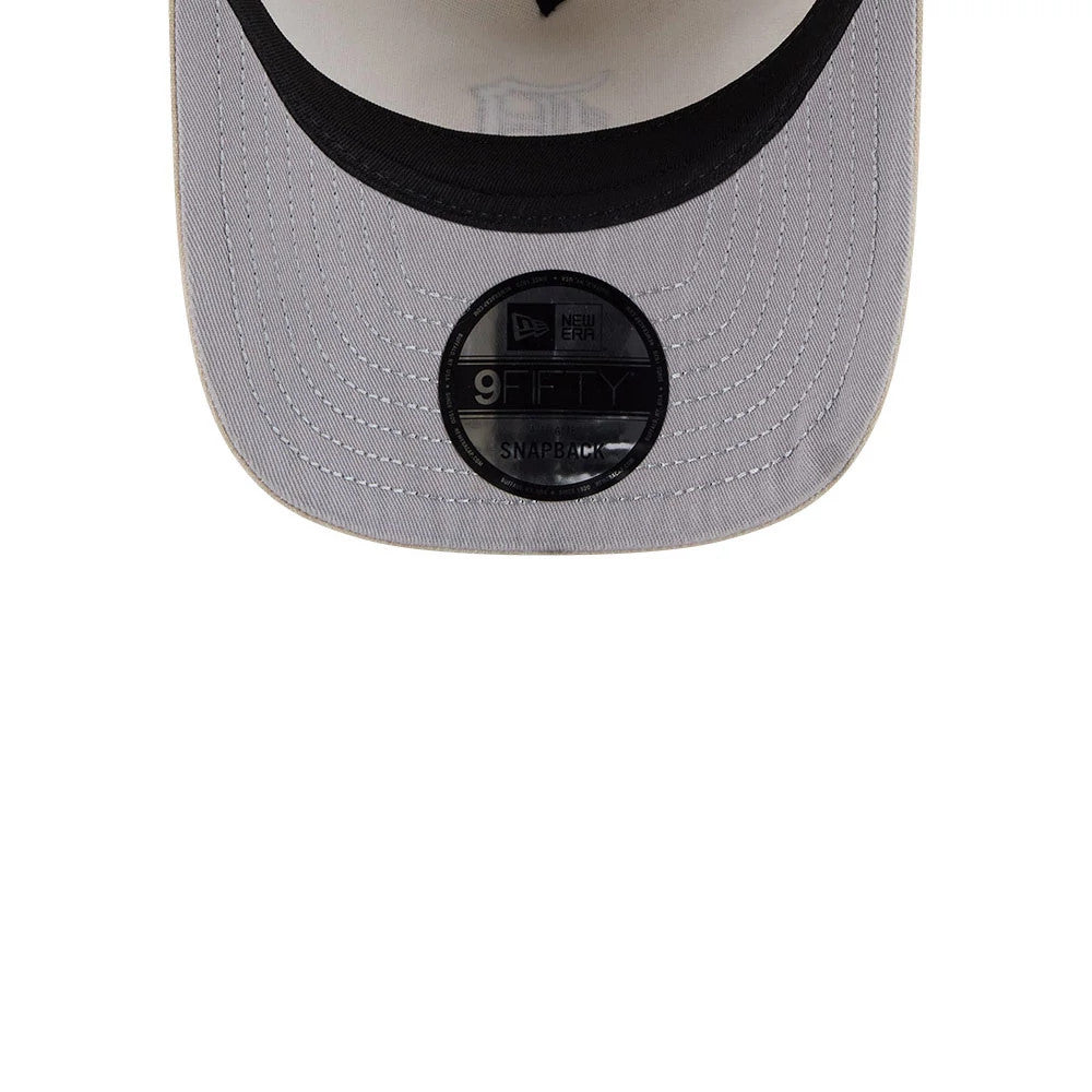 Detroit Tigers MLB Light Beige New Era 9FIFTY A-Frame Snapback Adjustable Cap, inside view showing the structured black sweatband, grey undervisor with prominent black 9FIFTY size sticker, and crown seam stitching in white threading.