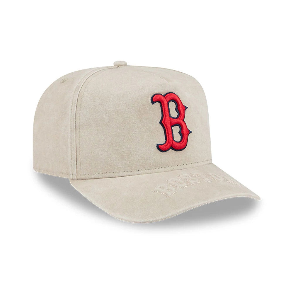 Boston Red Sox MLB Light Beige New Era 9FIFTY A-Frame Snapback Adjustable Cap, three-quarter view showing the raised red and black embroidered B logo on the front panel, with a curved beige visor featuring Boston lettering.