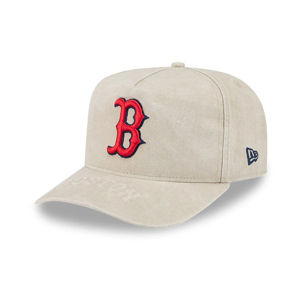 Boston Red Sox MLB Light Beige New Era 9FIFTY A-Frame Snapback Adjustable Cap, three-quarter view showing the red embroidered B logo on the front panel, with the New Era flag logo on the left side and a curved visor.