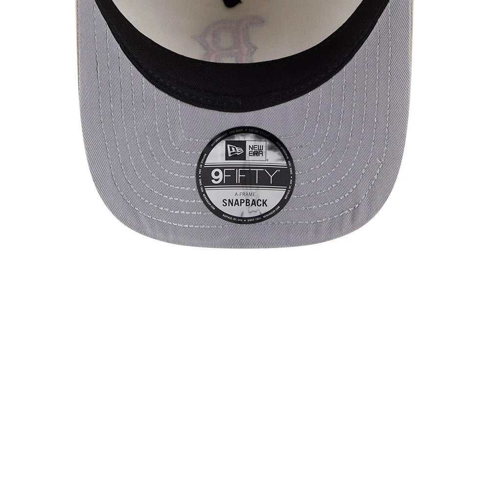 Boston Red Sox MLB Light Beige New Era 9FIFTY A-Frame Snapback Adjustable Cap, inside view showing a grey undervisor with contrasting black lining, a central 9FIFTY size sticker, and a faintly team logo underneath the crown.