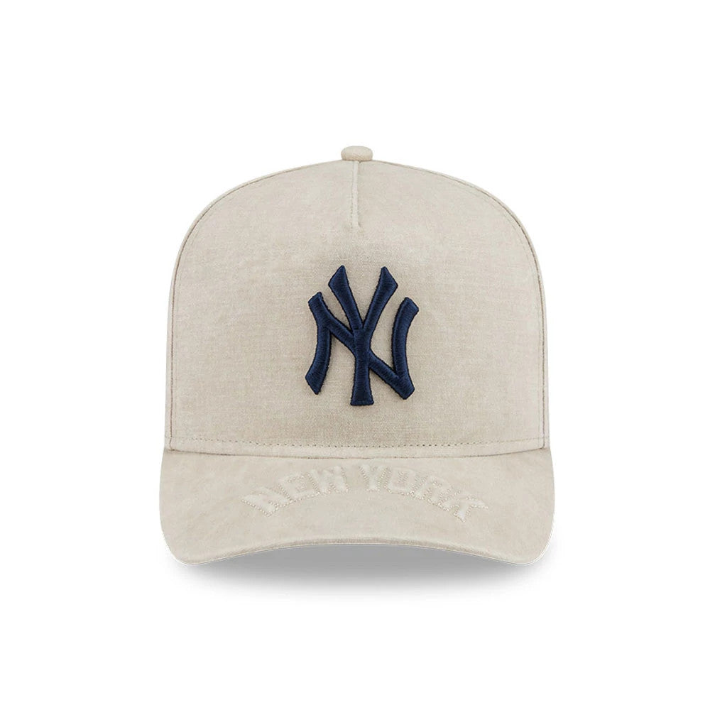 New York Yankees MLB Light Beige New Era 9FIFTY A-Frame Snapback Adjustable Cap, front view showing the raised navy embroidered NY logo on the structured light beige crown and New York embroidery across the light beige curved visor.