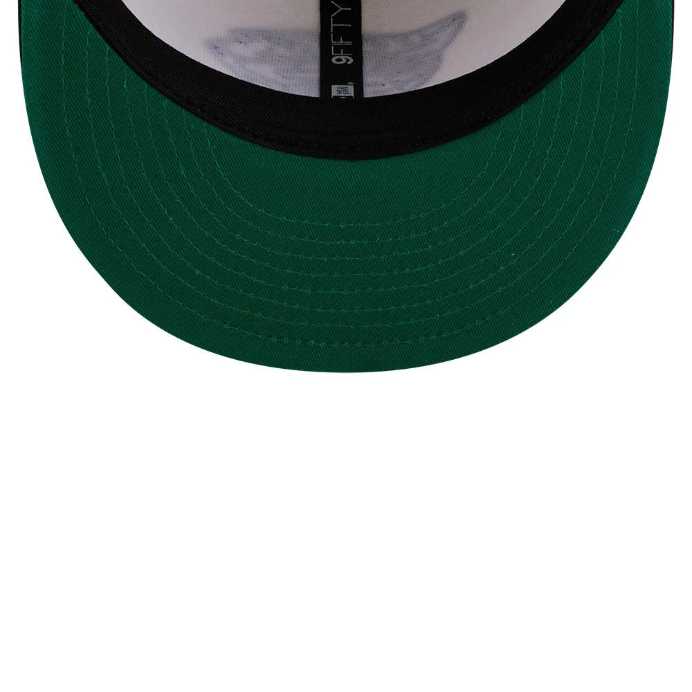 Jaguars NFL Rivalry 2026 White & Black New Era 9FIFTY Snapback Adjustable Cap, inside view showing green undervisor contrasted by a black taped seam with white 9FIFTY lettering, and a plain white interior crown.