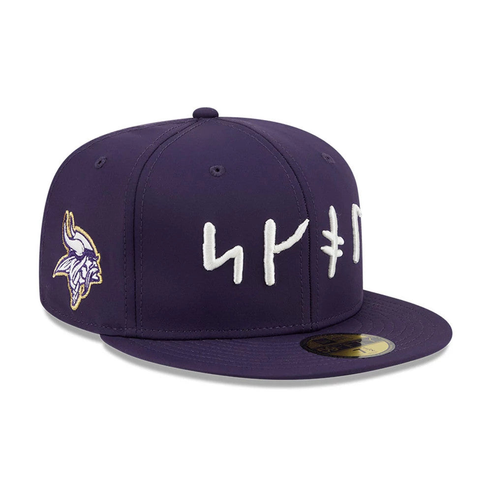 Minnesota Vikings NFL Rivalry 2026 Dark Purple New Era 59FIFTY Fitted Cap, three-quarter view showing white embroidered symbols on the front panels, a team logo on the left side, and a dark purple visor with a gold 59FIFTY size sticker.