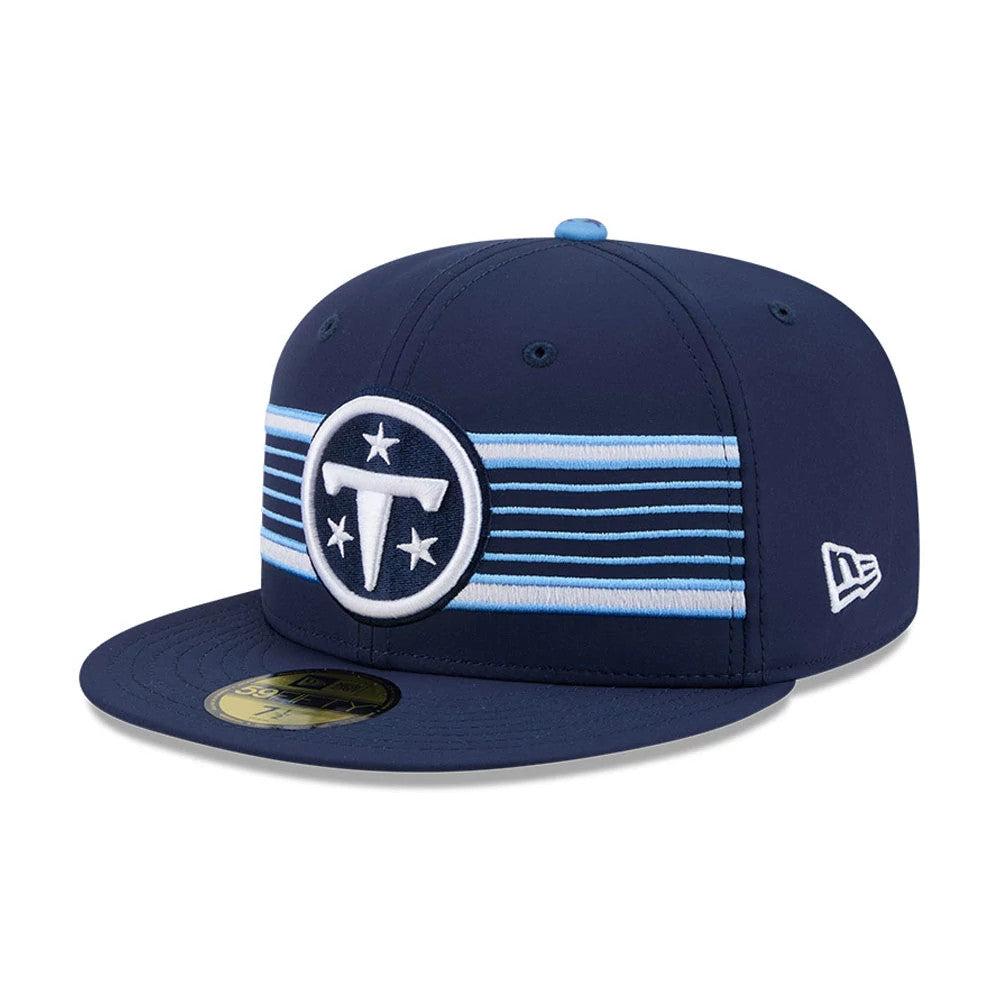 Tennessee Titans NFL Rivalry 2026 Dark Blue New Era 59FIFTY Fitted Cap, front view showing the white and sky blue embroidered Titans logo with horizontal stripes across the front panel, flat dark blue visor, and a gold 59FIFTY size sticker.