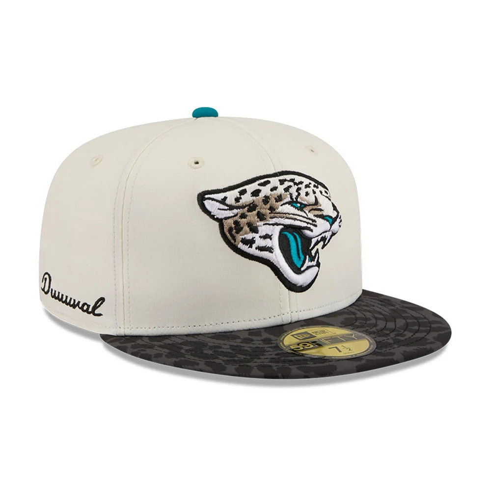 Jacksonville Jaguars NFL Rivalry 2026 White & Jaguar Print New Era 59FIFTY Fitted Cap, front view showing the raised embroidered jaguar head logo on the white front panel, a jaguar print visor, and a Duval script on the side.