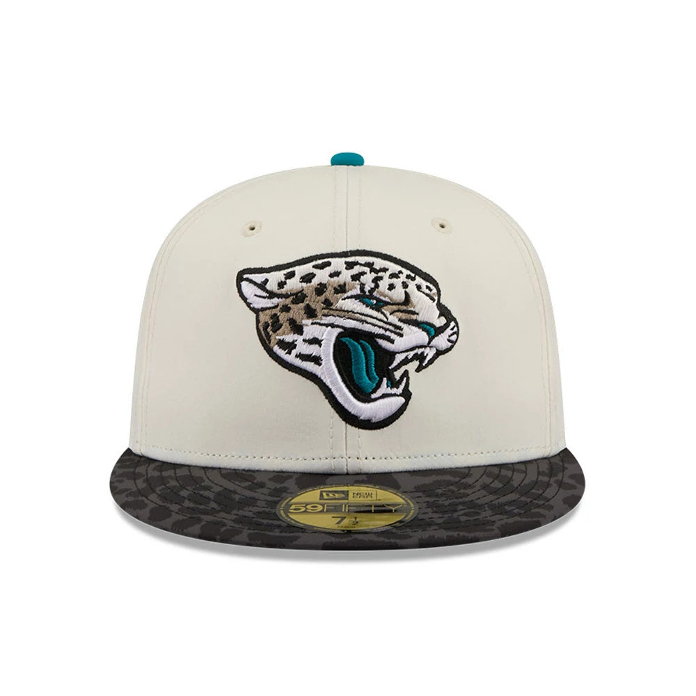 Jacksonville Jaguars NFL Rivalry 2026 White & Jaguar Print New Era 59FIFTY Fitted Cap, front view showing the detailed embroidered jaguar head logo on the white front panel, with a dark jaguar print visor and gold 59FIFTY size sticker on top.