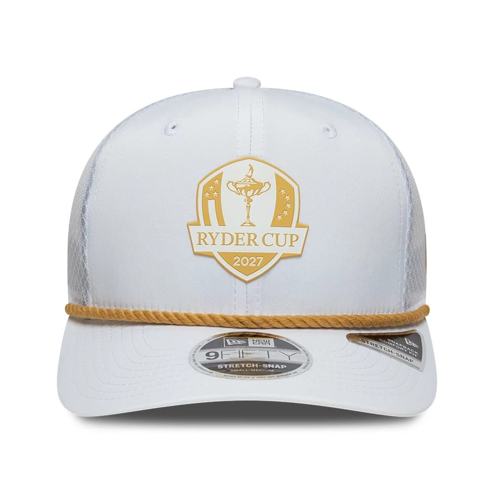 Pictured is this Dare To Dream Ryder Cup Europe 2027 9FIFTY Stretch Snap cap in white. 2
