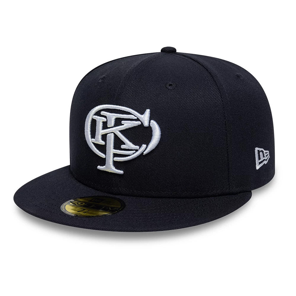 Gettomasa X New Era Navy 59FIFTY Fitted Cap, front view showing the white raised embroidered logo on the navy front panel, curved visor with gold 59FIFTY size sticker, and New Era flag logo on the left side.