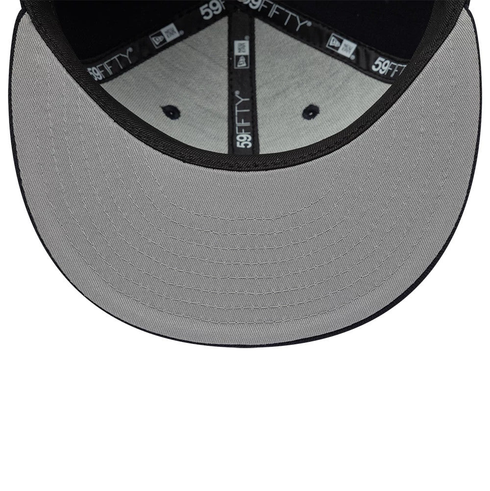 Gettomasa X New Era Navy 59FIFTY Fitted Cap, inside view showing the grey undervisor, black 59FIFTY branded taping across the seams, and a black sweatband lining the edge of the crown interior.