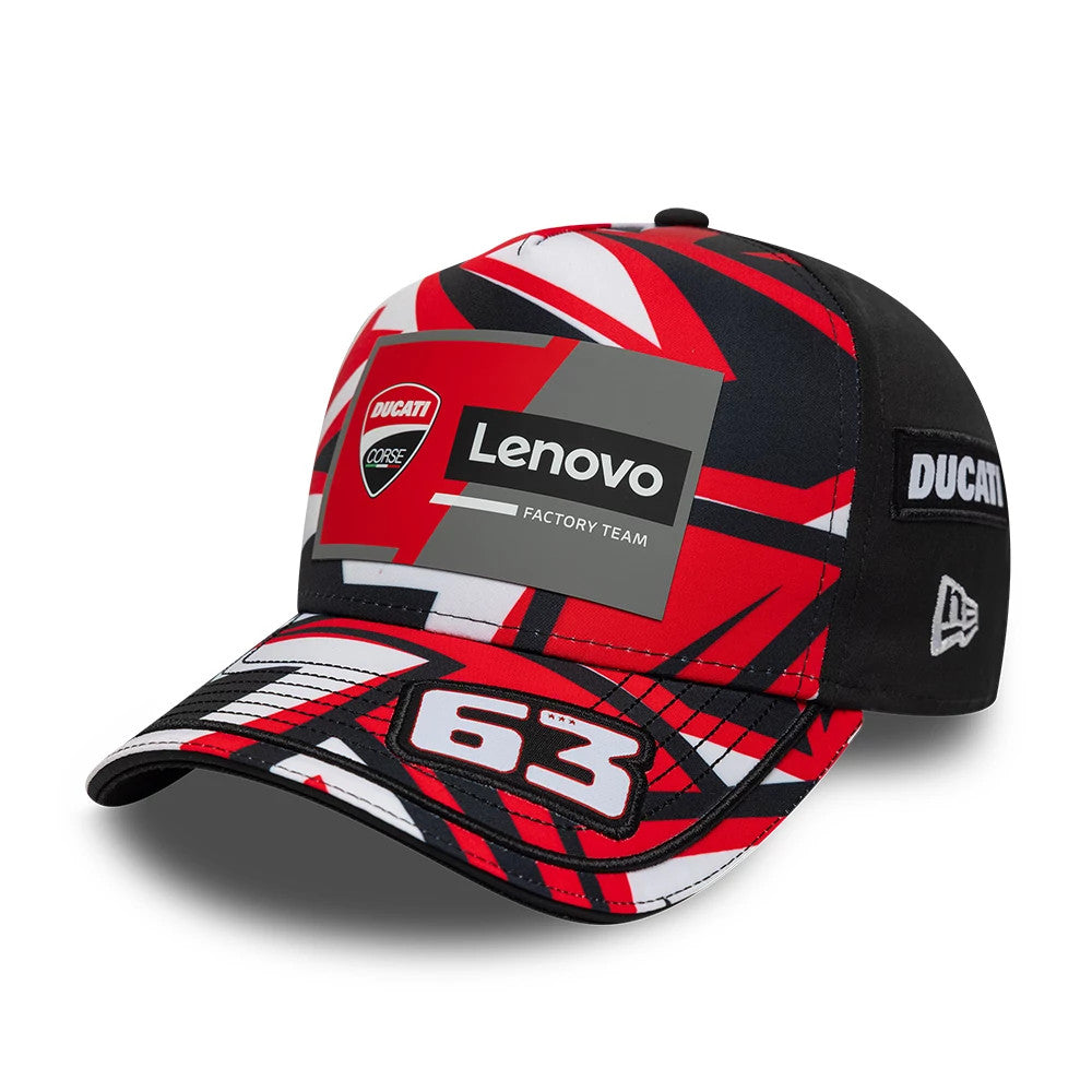 Ducati Motor Replica Francesco Bagnaia Misano Race Special Black New Era 9FORTY E-Frame Adjustable Cap, front view showing a Ducati Corse logo on the front panel, red and black geometric patterns, and a white embroidered number 63 on the visor.
