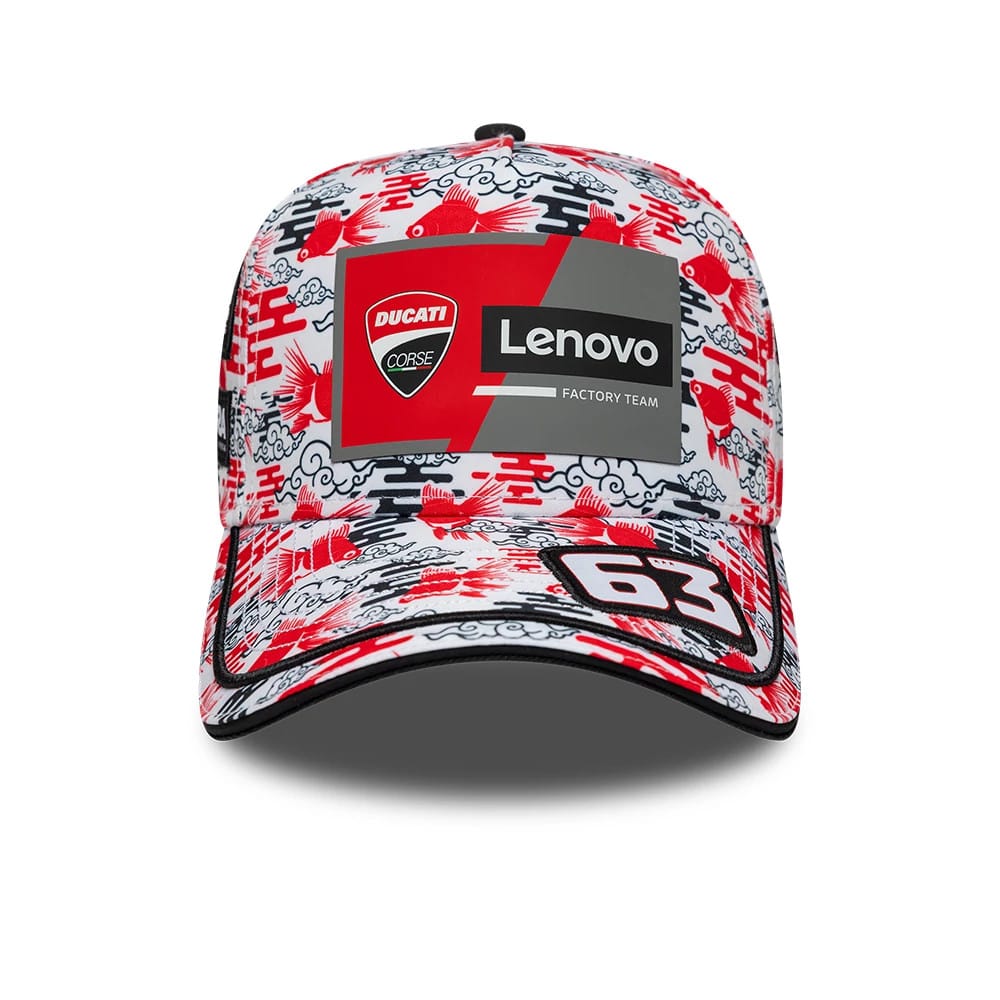 Ducati Motor Replica Francesco Bagnaia Japan Race Special All Over Print New Era 9FORTY E-Frame Adjustable Cap, front view showing the red Ducati and black Lenovo logos on the front panel, with number 63 on the flat visor.