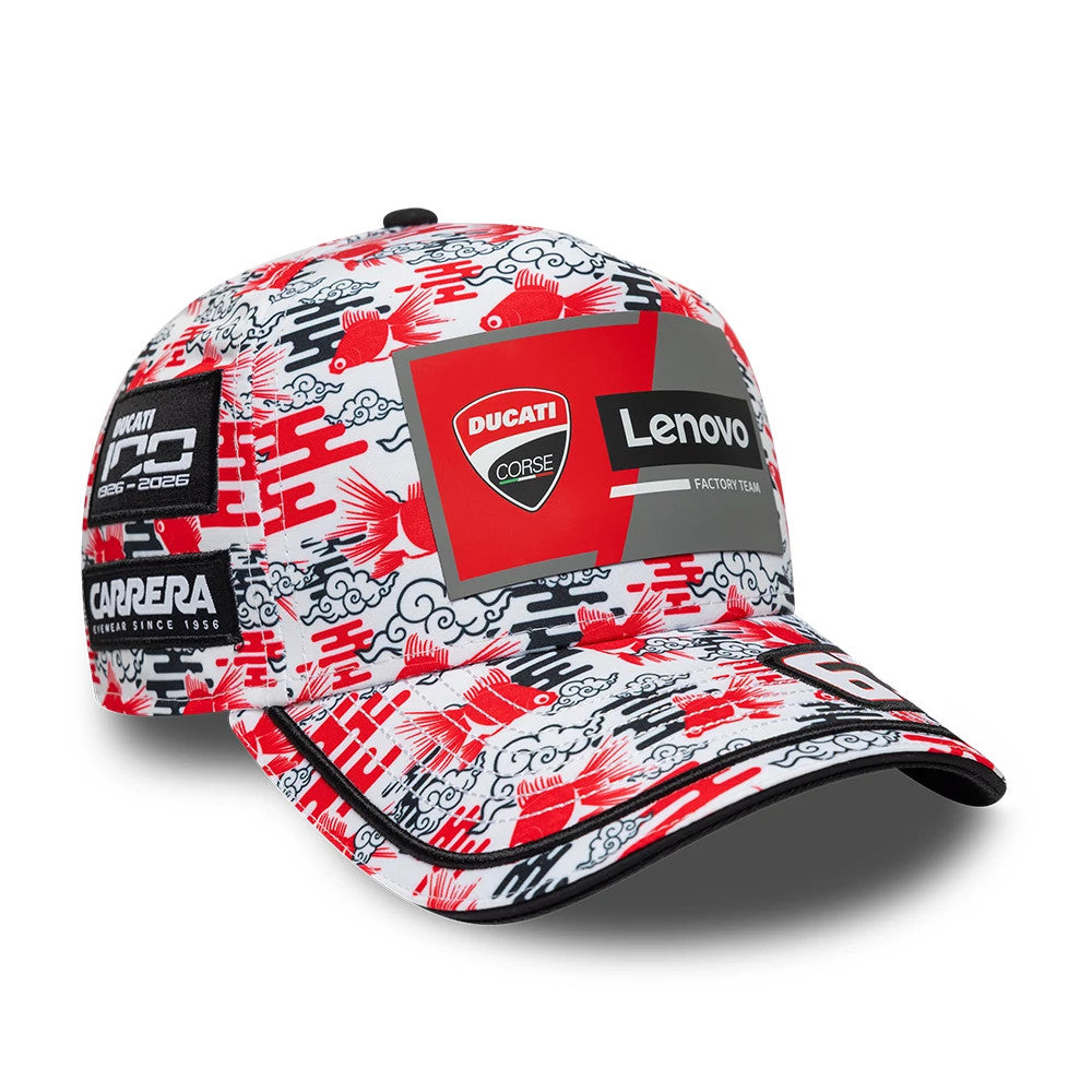 Ducati Motor Replica Francesco Bagnaia Japan Race Special All Over Print New Era 9FORTY E-Frame Adjustable Cap, three-quarter view showing the large Ducati Lenovo badge on the front panel, red and white all-over print, and Carrera.
