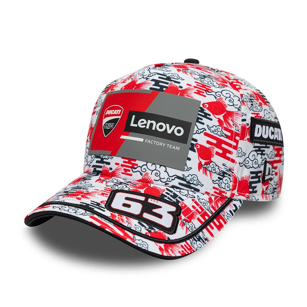 Ducati Motor Replica Francesco Bagnaia Japan Race Special All Over Print New Era 9FORTY E-Frame Adjustable Cap, front view showing the prominent Lenovo and Ducati logos on the front panel, with a number 63 on the visor and intricate red fish pattern.