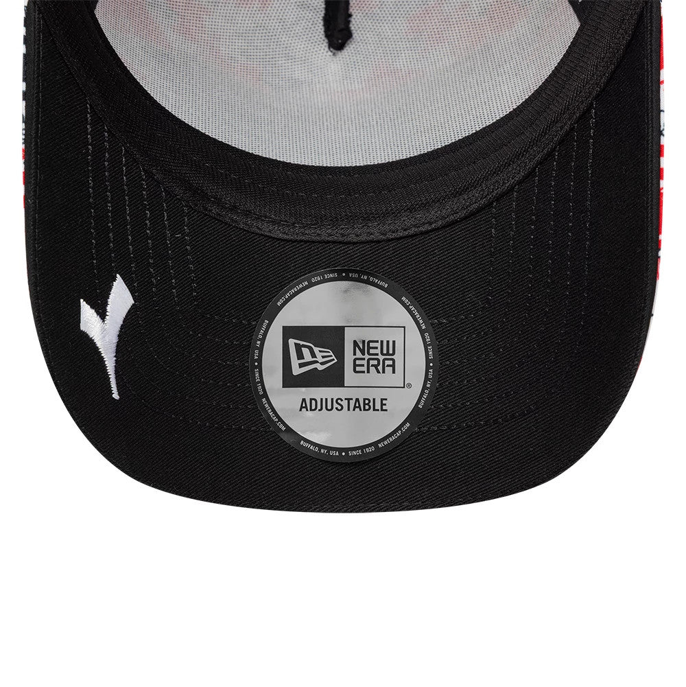 Ducati Motor Replica Francesco Bagnaia Japan Race Special All Over Print New Era 9FORTY E-Frame Adjustable Cap, inside view showing the black undervisor with a New Era adjustable sticker and white embroidered logo, featuring black taping.