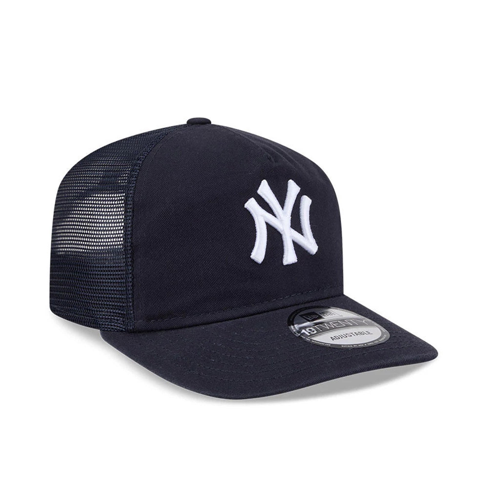New York Yankees MLB Evergreen Navy New Era 19TWENTY Adjustable Cap, three-quarter view showing the white raised embroidered NY logo on the front panel, black mesh back panels, navy curved visor, and a 19TWENTY size sticker on the visor.