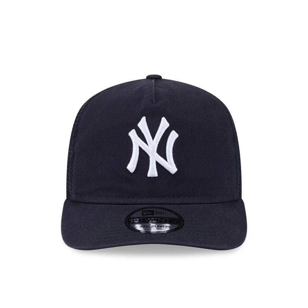 New York Yankees MLB Evergreen Navy New Era 19TWENTY Adjustable Cap, front view showing the white embroidered NY logo on the structured navy crown, with a matching navy visor and the 19TWENTY size sticker centrally positioned on the visor.