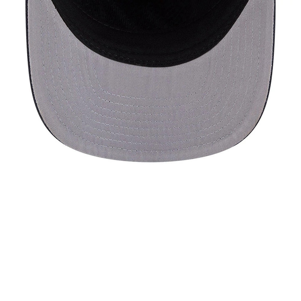 New York Yankees MLB Evergreen Navy New Era 19TWENTY Adjustable Cap, close-up view showing the black curved visor and grey undervisor, highlighting the detailed stitching pattern across the underside of the visor.