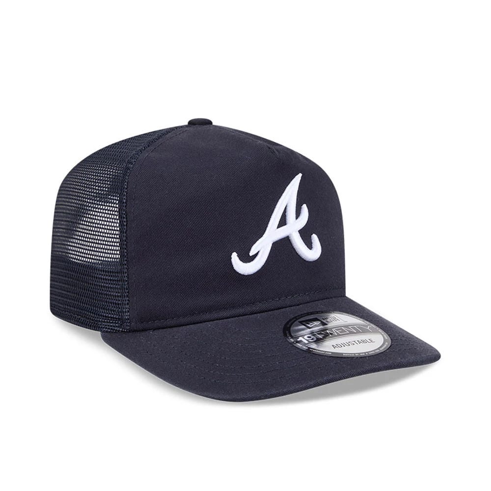 Atlanta Braves MLB Evergreen Navy New Era 19TWENTY Adjustable Cap, three-quarter view showing the large embroidered white A logo on the front panel, curved navy visor with a 19TWENTY size sticker, and black mesh side panels.