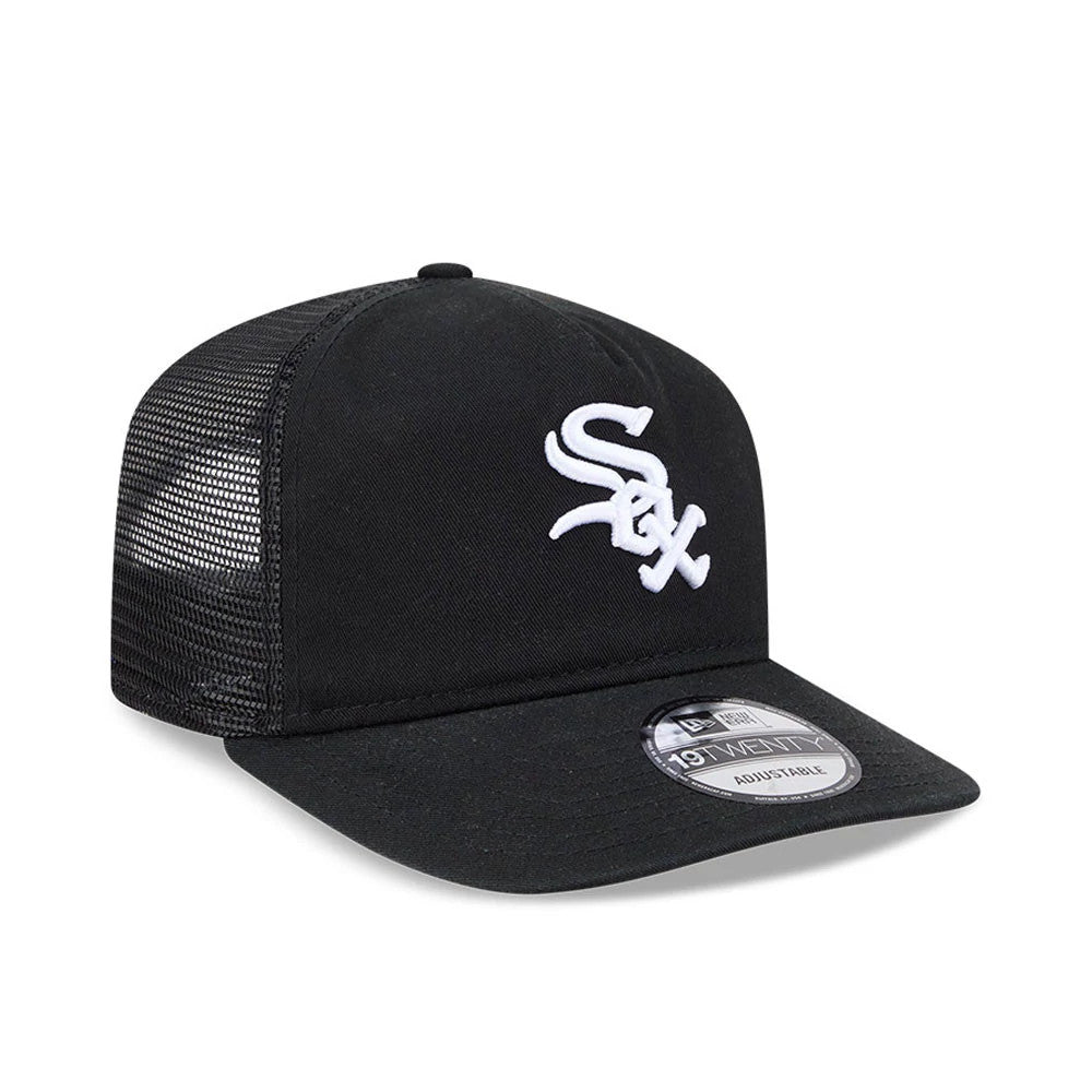 Chicago White Sox MLB Evergreen Black New Era 19TWENTY Adjustable Cap, three-quarter view showing the raised white embroidered Sox logo on the front panel, with a flat black visor featuring the clear 19TWENTY size sticker.