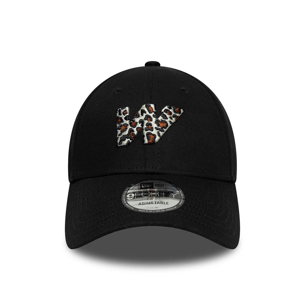 Williams Animal Infill Black New Era 9FORTY Adjustable Cap, front view showing a large W with leopard print embroidery on the structured black crown, paired with a curved black visor and a 9FORTY size sticker in the centre.