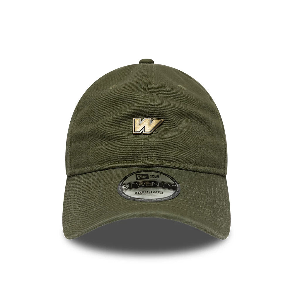 Williams Washed Green New Era 9TWENTY Adjustable Cap, front view showing a gold embroidered W logo on the centre front panel, with a curved green visor and a black and silver 9TWENTY size sticker on the visor.